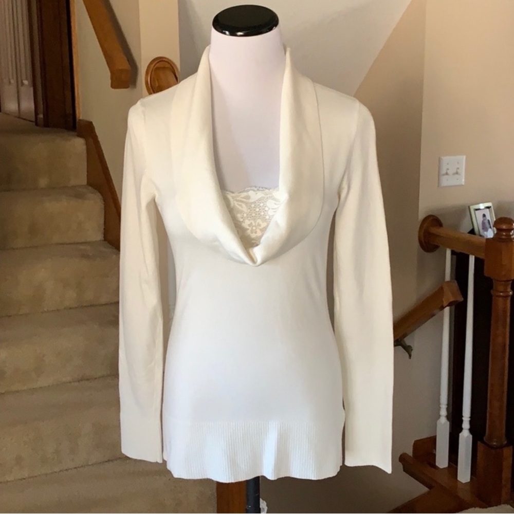 NEW WHBM Winter White Cowl Neck Sweater w/Lace Inset